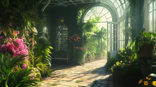 Sunlit glass conservatory opens onto lush blooming garden