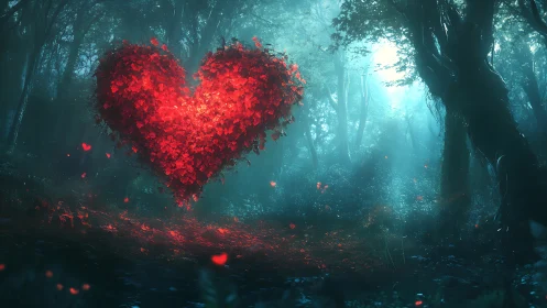 Luminous Heart Suspended in Mystical Forest Atmosphere