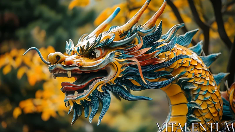Ornate Chinese dragon sculpture amid soft autumn bokeh