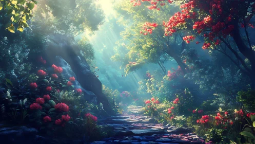 Luminous Garden Cathedral: Crimson Blooms in Ethereal Light.