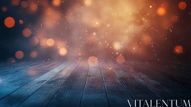 Stage of ember-lit planks under drifting twilight sparkles.