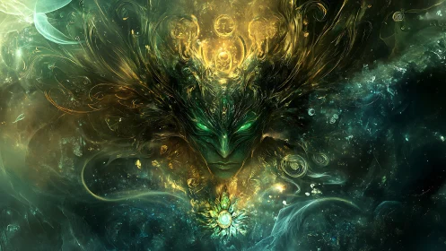 Ethereal green-faced entity in swirling cosmic aura.