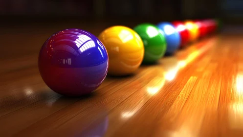 Row of glossy colorful spheres on polished wooden floor.