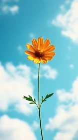 Single yellow daisy rises against bright summer sky.