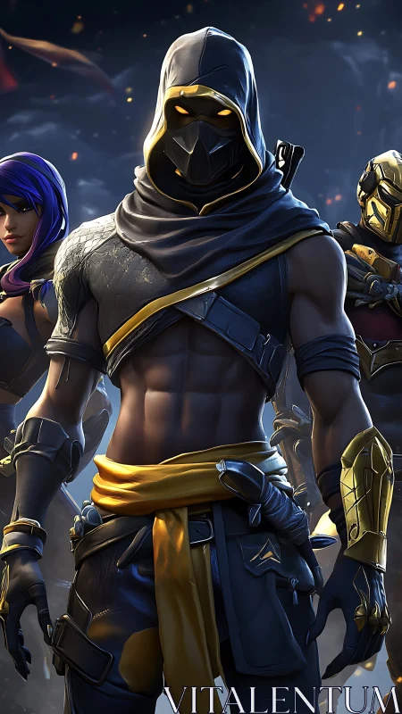 Hooded armored fighter stands centered with two allies