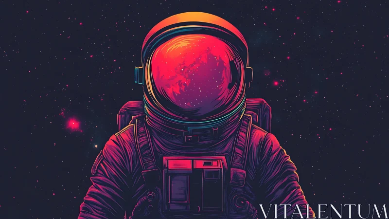 Radiant space explorer drifting through a neon starry night.