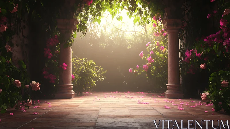 Sunlit garden archway wrapped in soft pink climbing roses.