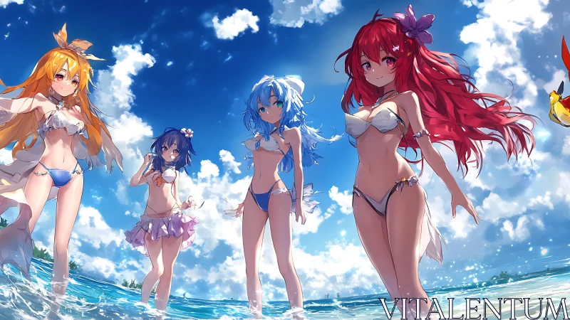 Four anime girls stand in shallow sea water under bright sky