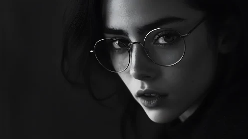 Monochrome close portrait isolates reflective eyeglasses and gaze
