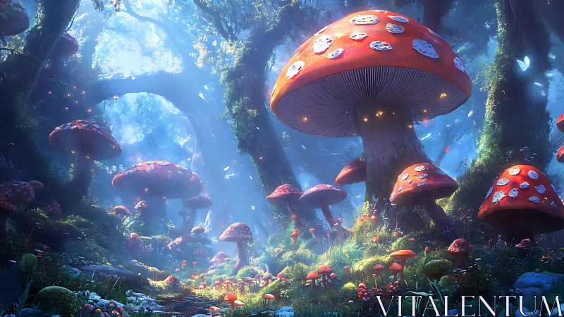 Fantasy digital painting of luminous red toadstool forest scene.
