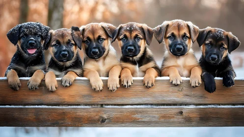 Snow-dusted puppies gaze over a winter fence in soft light