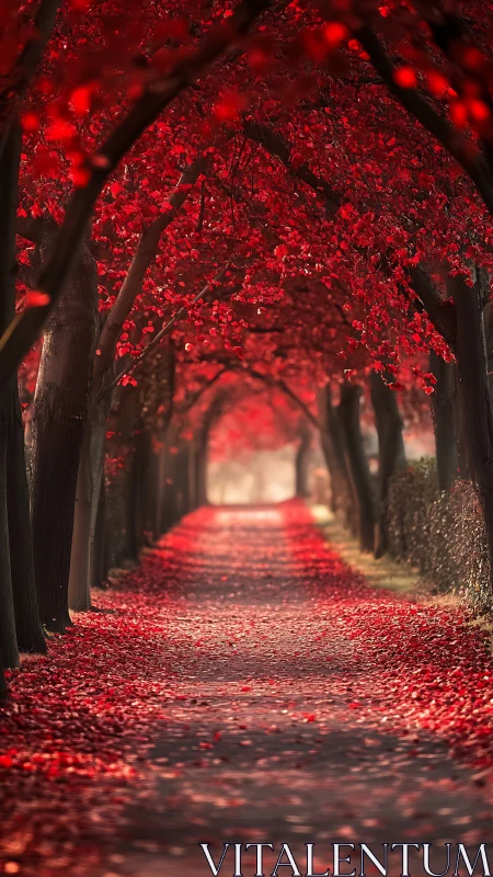 Scarlet tree tunnel frames a tranquil autumn walking path