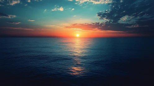 Ocean horizon swallows the sun in electric twilight calm.