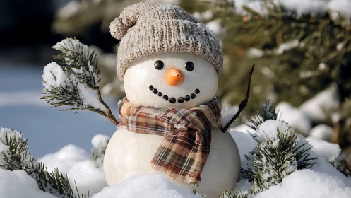 Cozy snowman smiles warmly in a peaceful winter garden