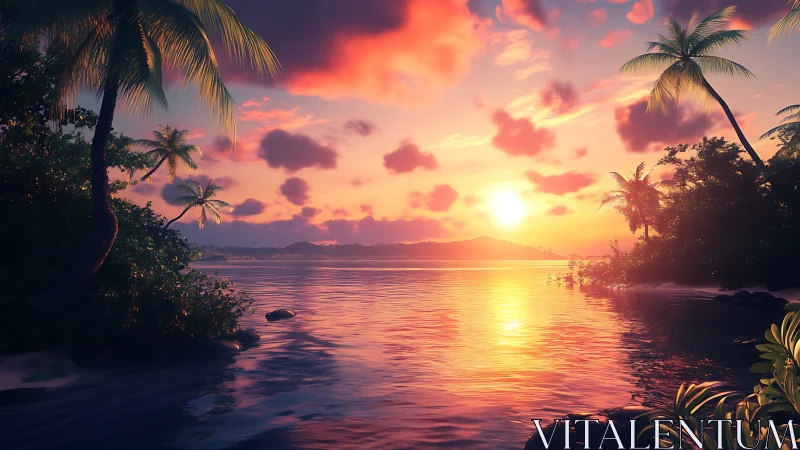 Golden tropical sunset embracing a quiet palm-lined shore.