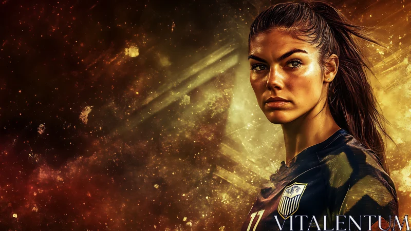 Focused female footballer stands in fiery cosmic light.