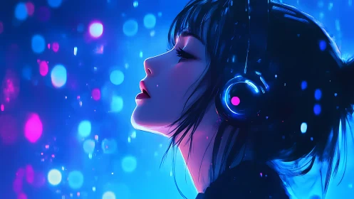 Neon-lit digital painting portrait in immersive cyber audio space.