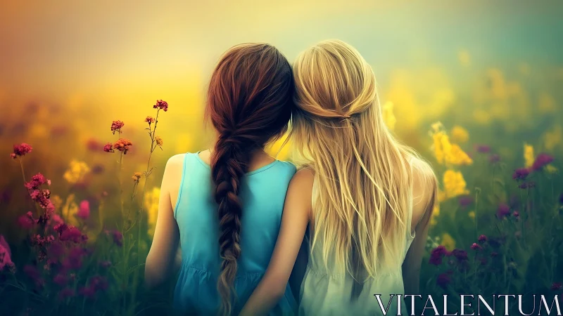 Two girls in pastel dresses in dreamy wildflower field, soft focus.