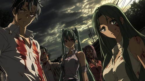 Bloodstained anime survivors under storm-laden dusk sky.