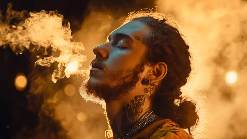 Tattooed man exhales smoke in golden cinematic backlight.