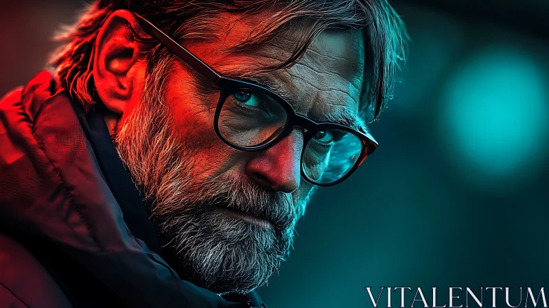 Brooding man in neon twilight, framed by electric resolve.