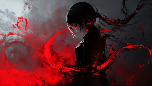 Digital painting of lone figure in red energy vortex composition.