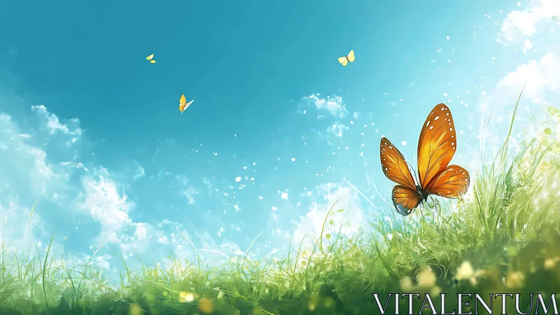 Bright orange butterflies in a sunlit grassy meadow, digital art style.