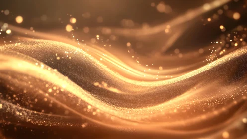 Abstract golden wave with sparkling particles, digital art style.