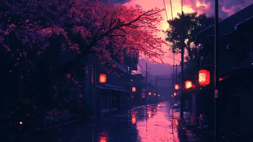 Neon lanterns glow along rainy sakura street at dusk.