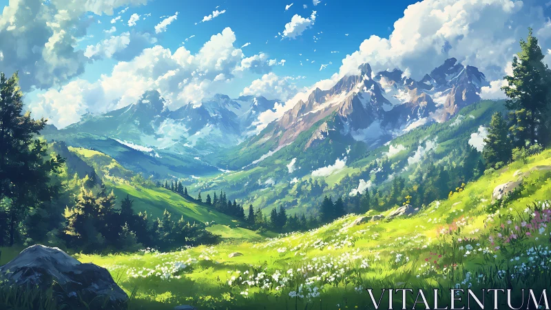 Mountain valley landscape under bright daylight sky.
