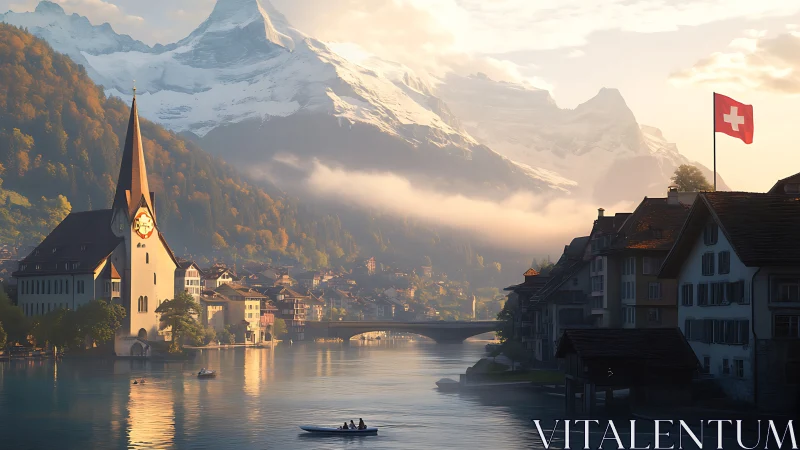 Swiss lakeside town at sunrise with mountains and church.