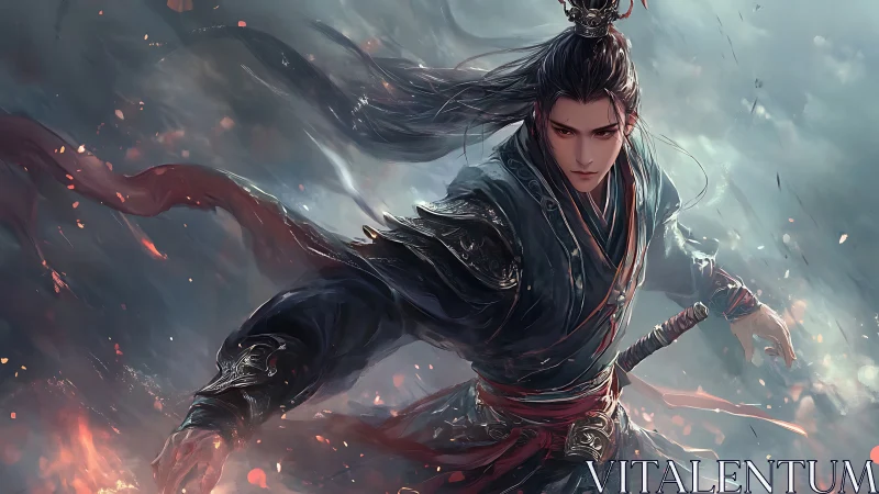 Dynamic wuxia swordsman rendered with high-energy motion blur lighting