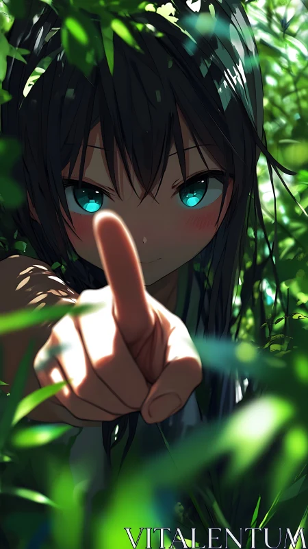Curious girl with bright teal eyes reaches through lush leaves