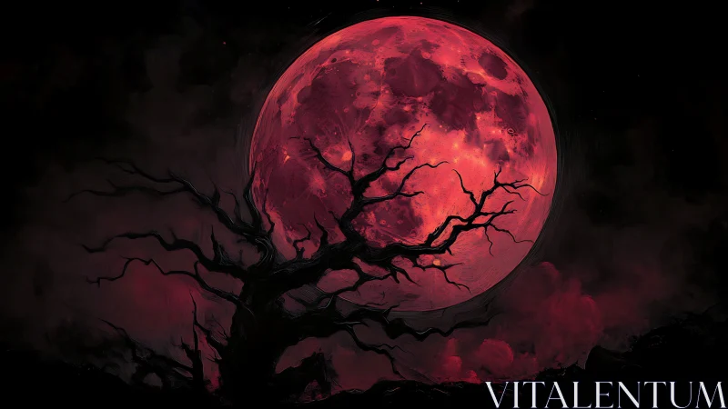 Blood moon looms behind twisted tree in eerie night sky