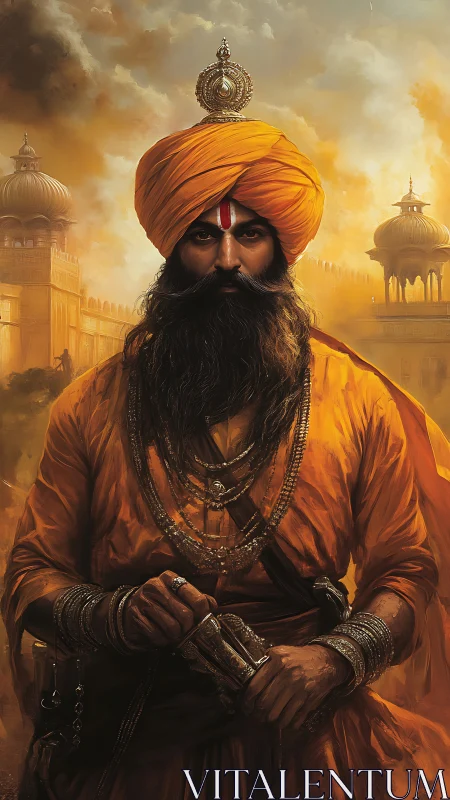 Portrait shows turbaned warrior in orange robes before fort walls
