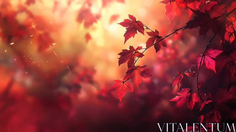 Crimson maple leaves glow against a dreamy autumn sunset.