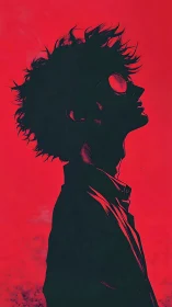 Silhouetted profile portrait under vivid red neon sky.