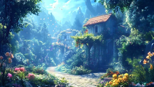 Lush fantasy garden path with sunlit cottage and flowers.