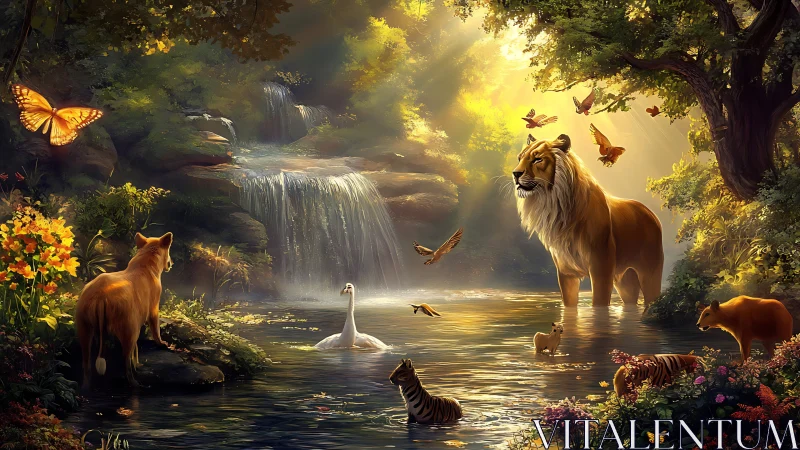 Enchanted Forest Paradise: Wildlife Gathering by Waterfall.