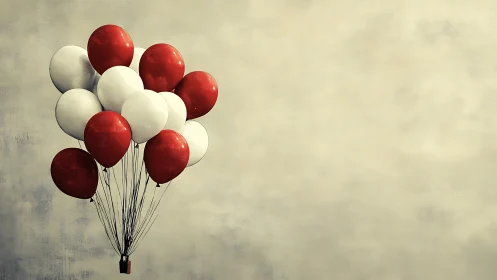 Red and white balloons suspended against textured background.