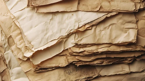 Stacked torn sheets of aged beige paper in close view.