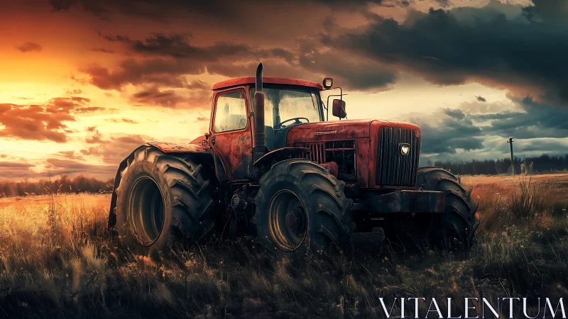 Red farm tractor stands in tall grass under dramatic sky