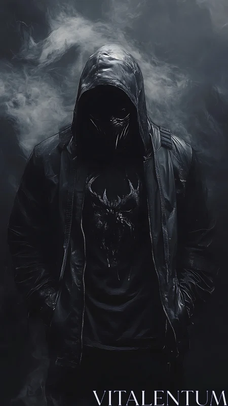 Hooded dark figure emerges from swirling smoke and shadow