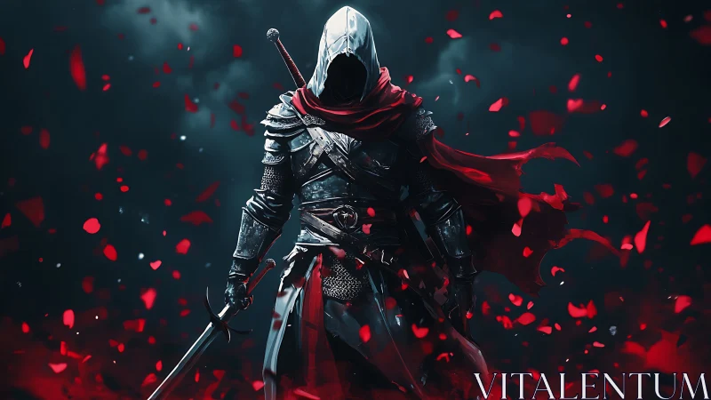 Hooded crimson knight emerges through storm of scarlet petals.