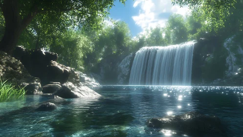 Photorealistic forest waterfall with volumetric light simulation
