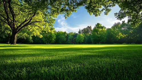Sunlit park meadow dreaming under a cathedral of trees.