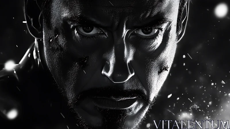 Monochrome hyperreal portrait with dramatic chiaroscuro lighting