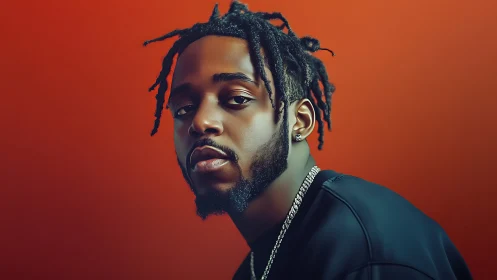 Moody portrait of stylish man against ember backdrop.