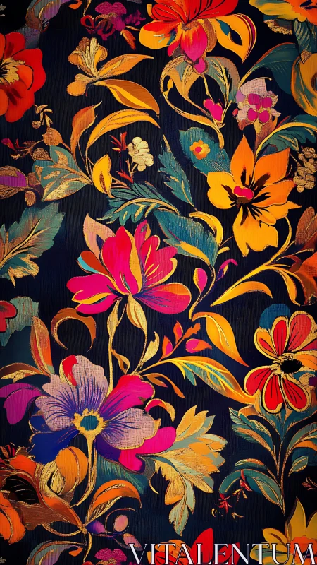 Botanical Textile Pattern with Vibrant Floral Motifs on Dark Background
