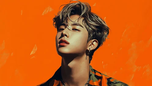 Stylized male portrait against vivid flat orange ground.